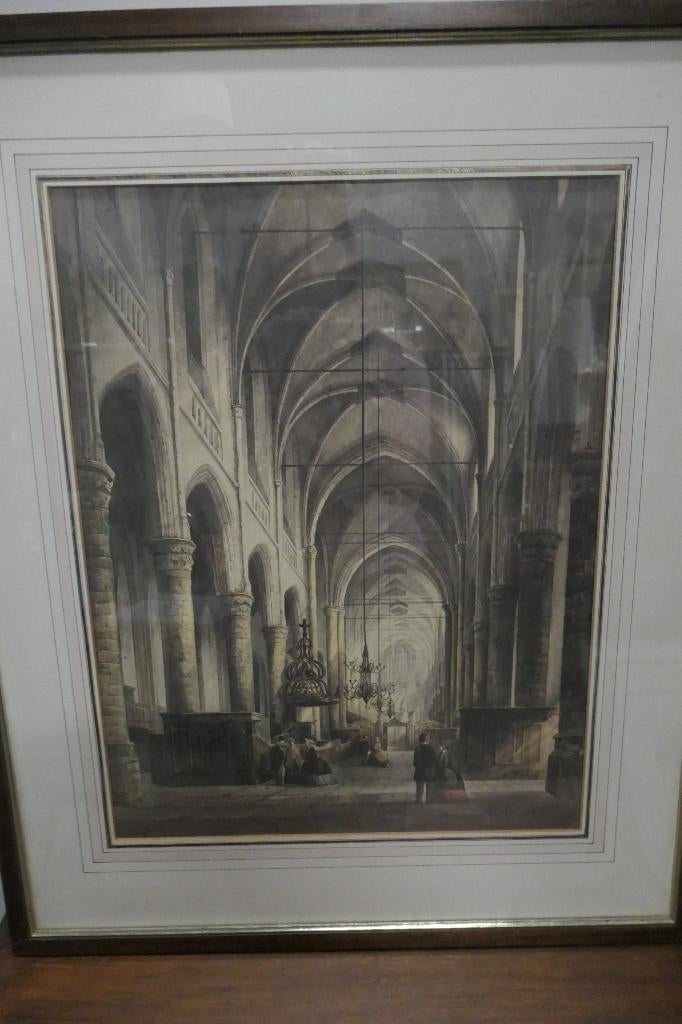 Fraai ingelijst kerkinterieur. Gekleurde ets., Ophalen of Verzenden