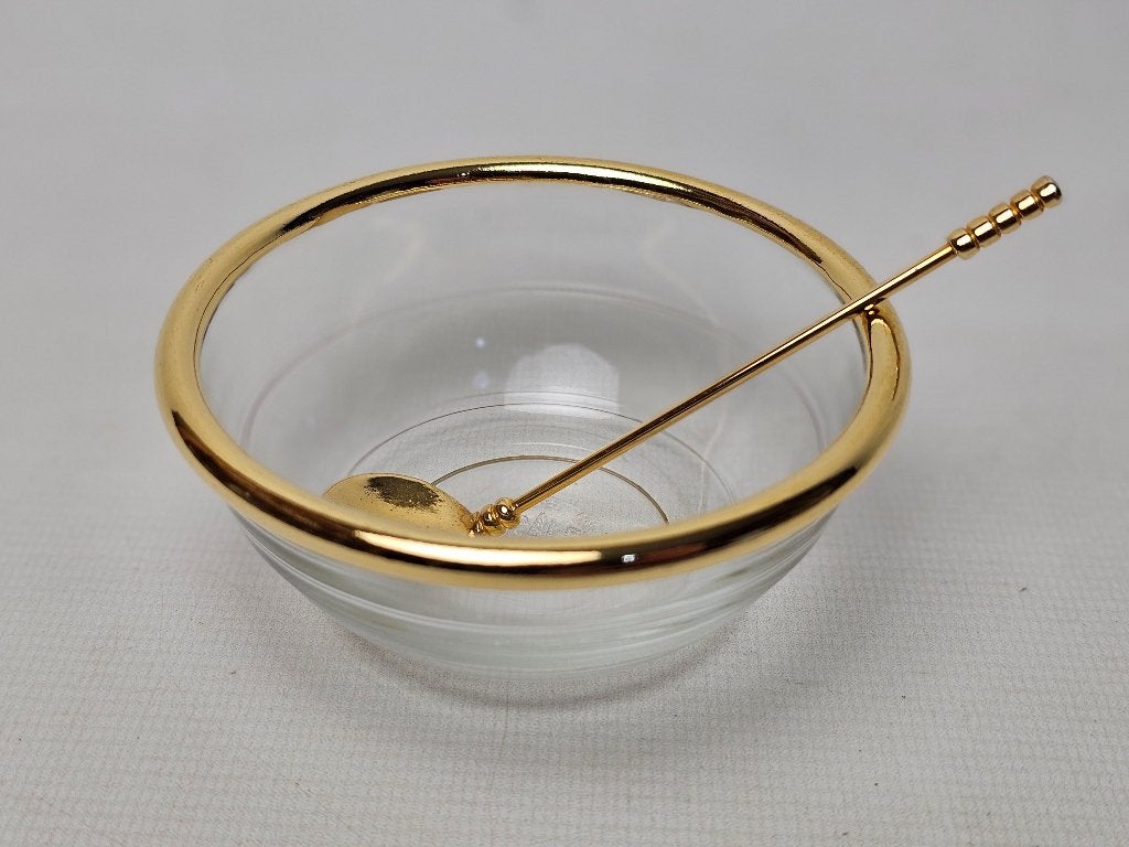 # Vintage Duralex Glazen Suikerpot met Gouden Rand en Lepel, Ophalen of Verzenden
