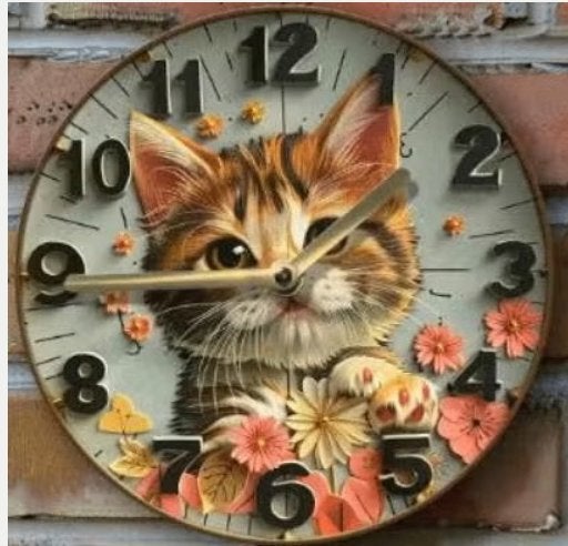 Vintage ronde wandklok van metaal - Jonge Kat (20cm), Ophalen of Verzenden, Nieuw, Wandklok