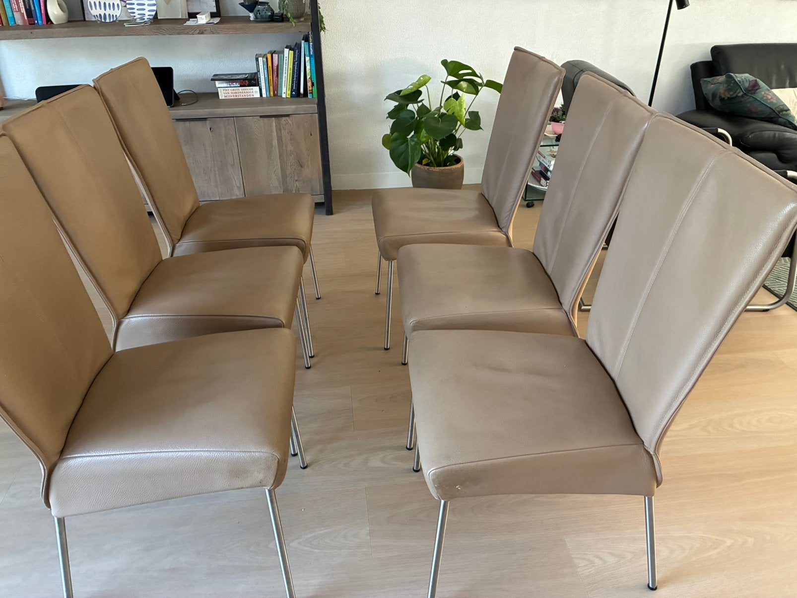 6 eetkamerstoelen (echt leer), Huis en Inrichting, Ophalen, Zo goed als nieuw, Leer, Modern