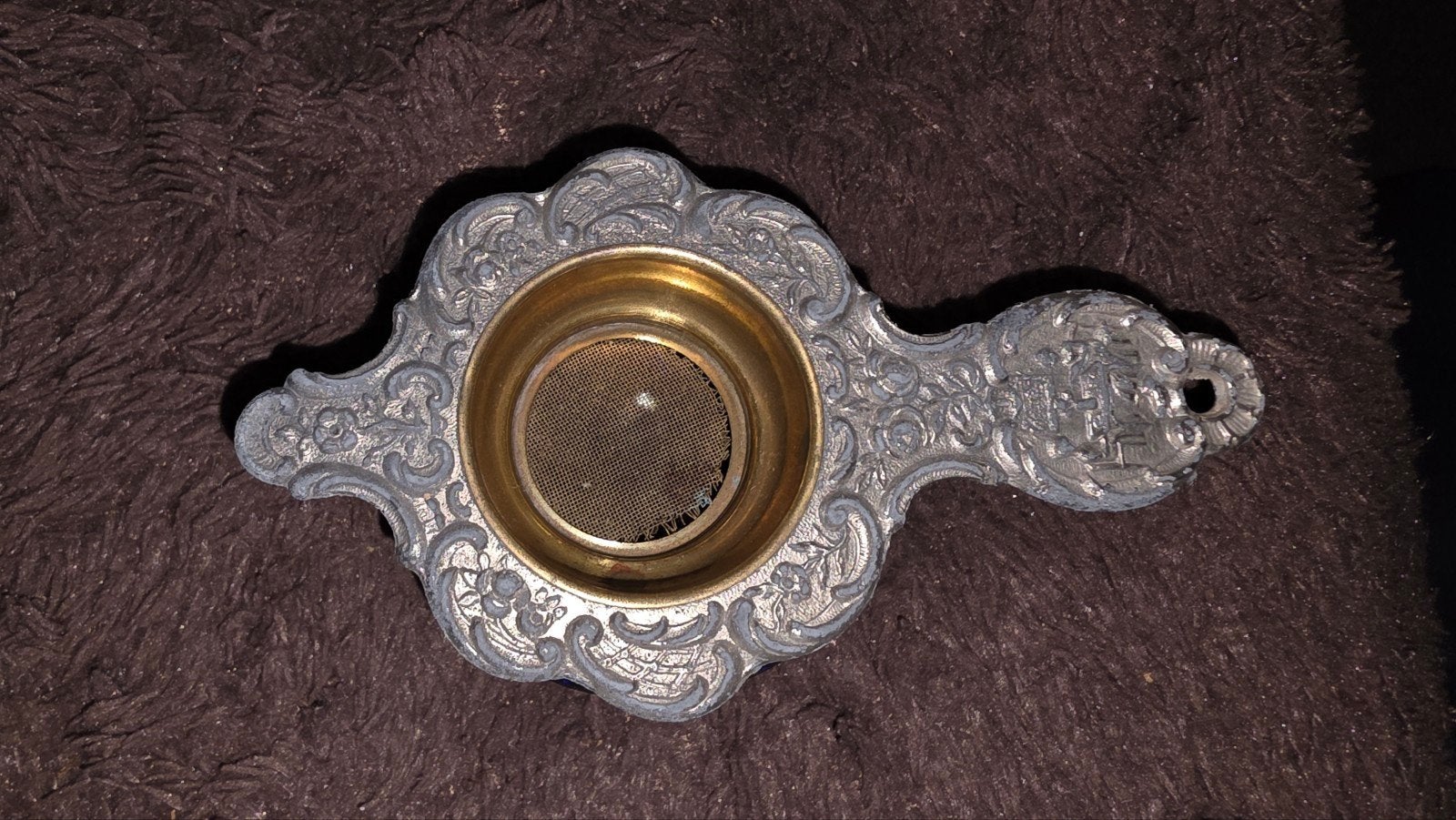 Antieke theezeefje met kobaltblauw glazen lekbakje, Ophalen of Verzenden