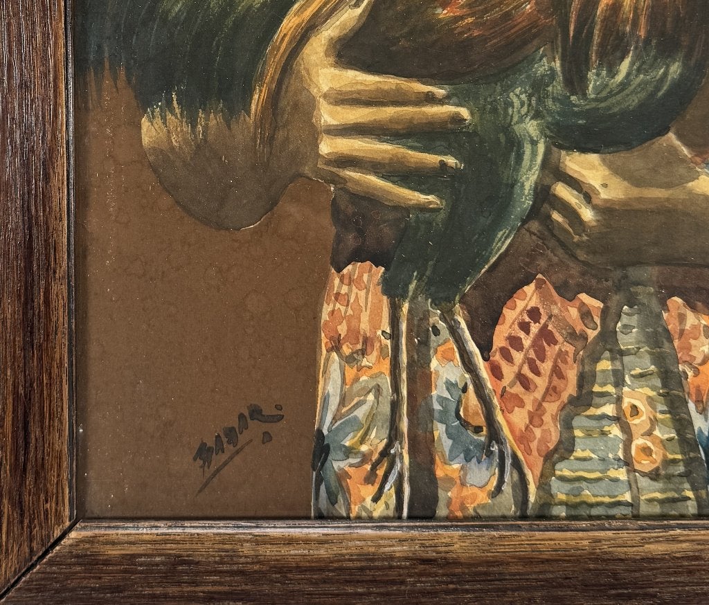 665. Aquarel – Indonesische man met haan, midden 20e eeuw, Antiek en Kunst, Ophalen