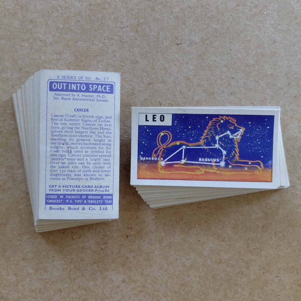 Out into Space complete set 50 tea cards Brooke Bond 1958, Ophalen, Gebruikt