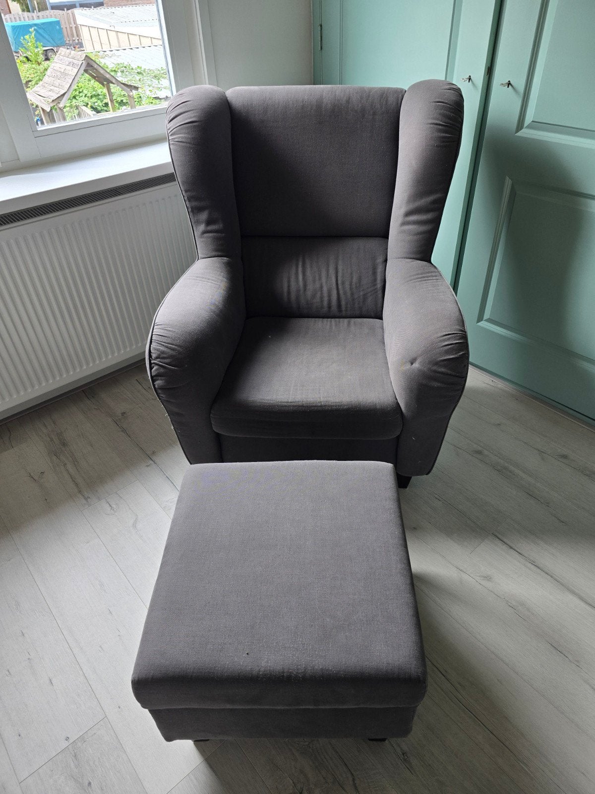 Mooie fauteuil met poef, Ophalen, Gebruikt, 75 tot 100 cm, 75 tot 100 cm