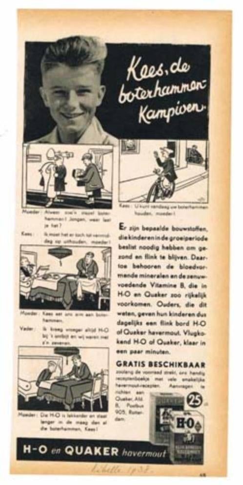 H -O - Quaker Havermout -stripje -Adv. uit Tijdschrift 1938, Verzamelen, Ophalen of Verzenden, Gebruikt