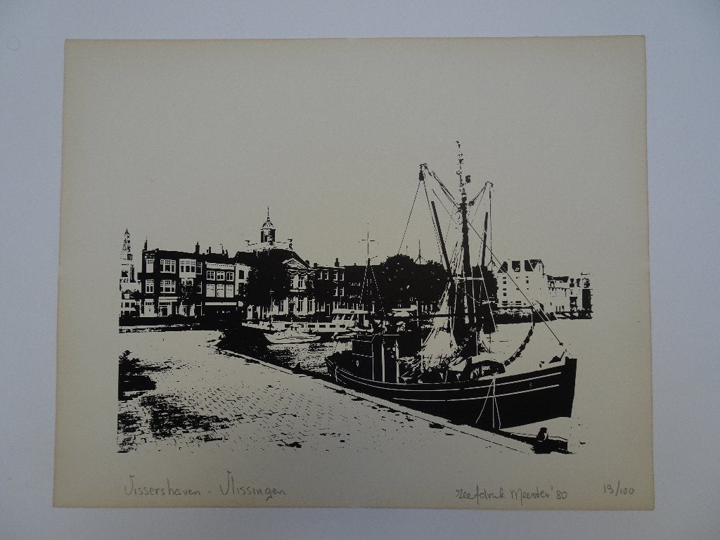 zeefdruk vissershaven Vlissingen, Meester 1980, 1950 - 1999, Stadsgezicht, Ophalen of Verzenden, Origineel