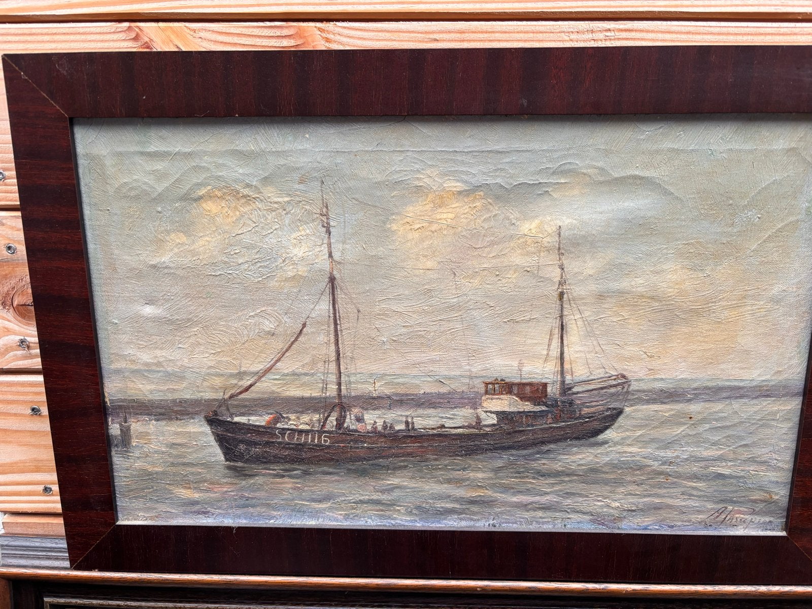 Schilderij Scheveninge 116 boot, Antiek en Kunst, Ophalen, Maritiem / water, Doek, Realistisch
