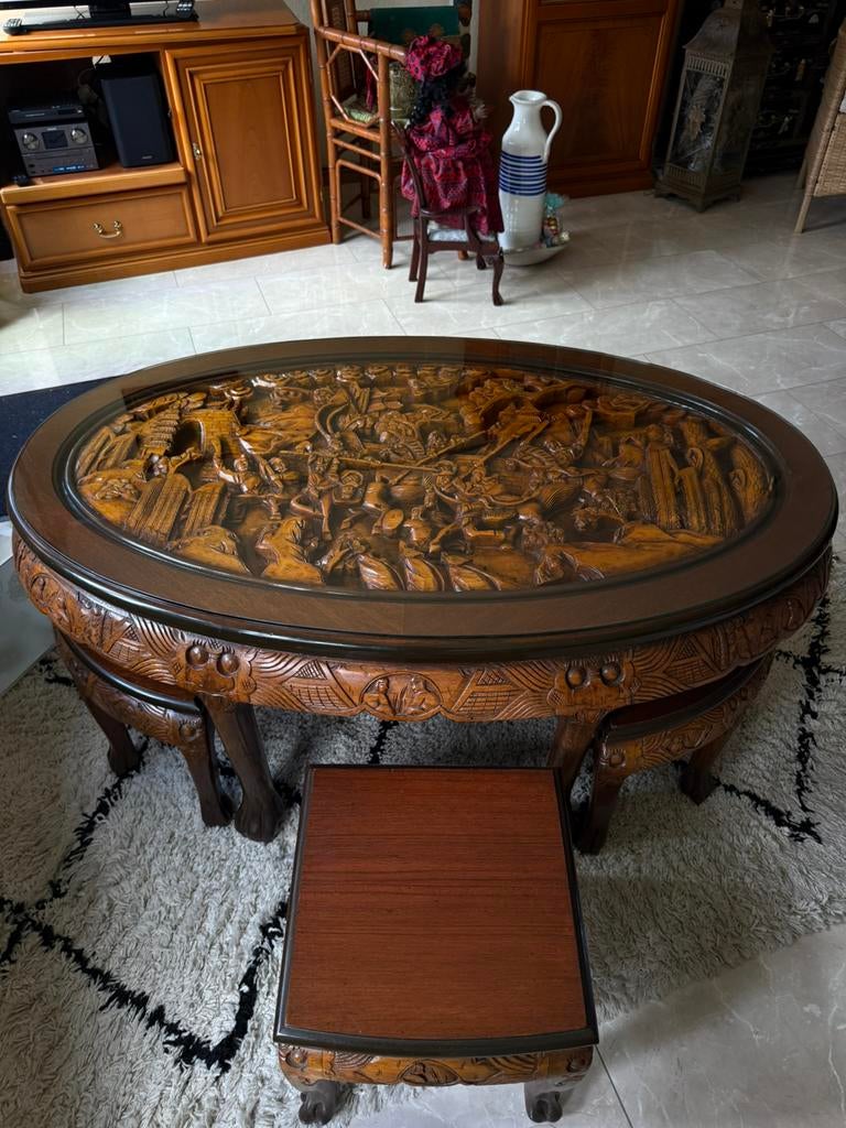 Unieke handgesneden salontafel set van massief hout, Antiek en Kunst, Ophalen