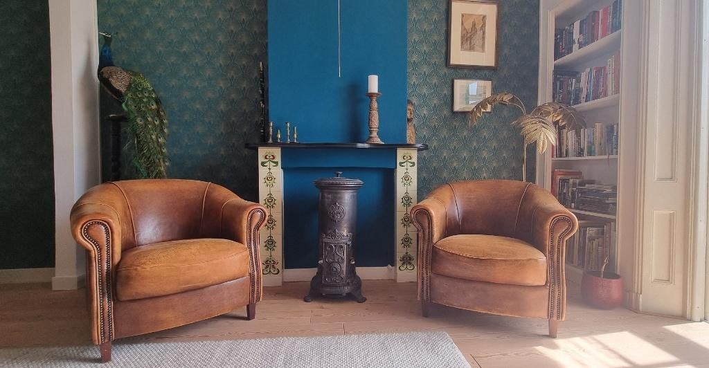 2x fauteuil schapenleer merk Joris, Huis en Inrichting, Fauteuils, Ophalen, Gebruikt, 75 tot 100 cm, Leer
