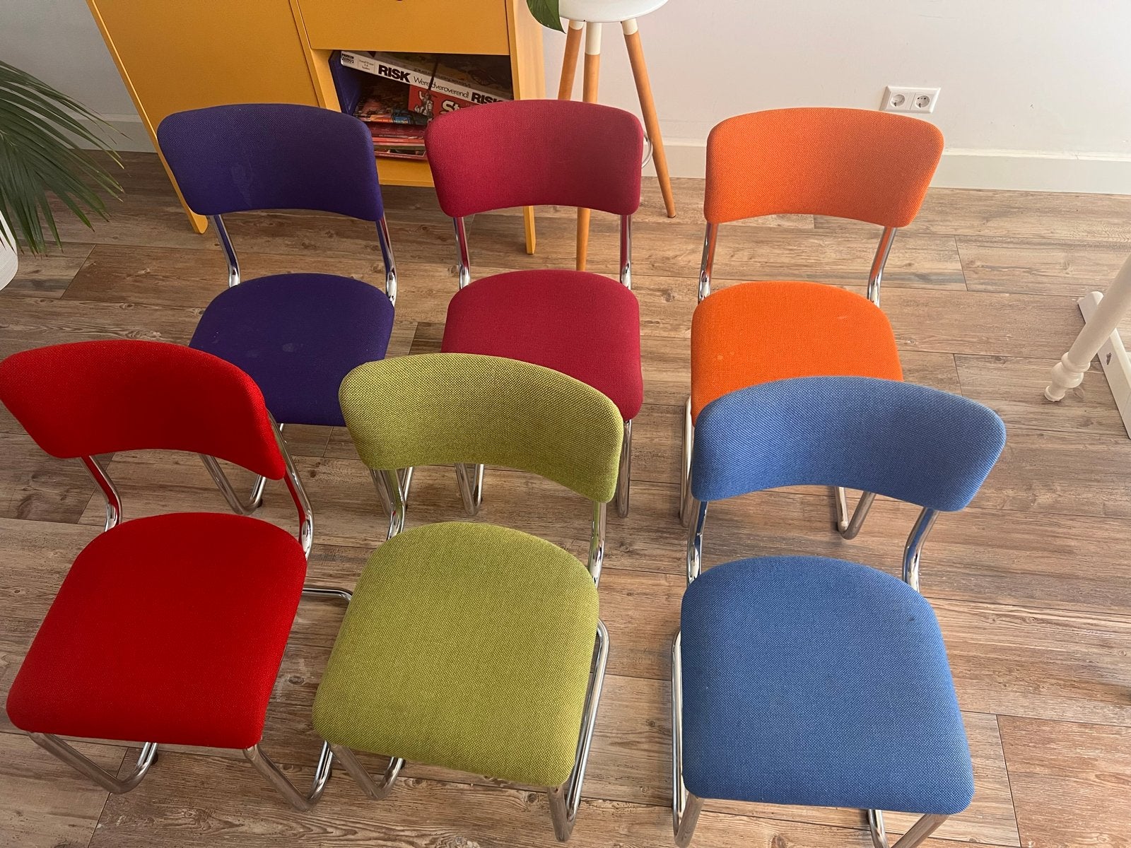 Set van 6 kleurrijke buisframe eetkamerstoelen, Ophalen, Gebruikt, Overige kleuren, Metaal
