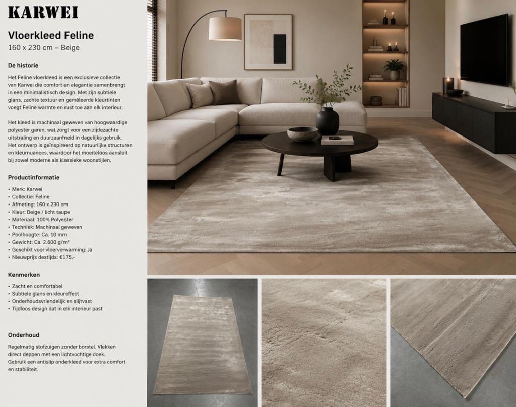 Vloerkleed Feline Beige 160x230cm - als nieuw!, Ophalen, Beige, 150 tot 200 cm, 200 cm of meer