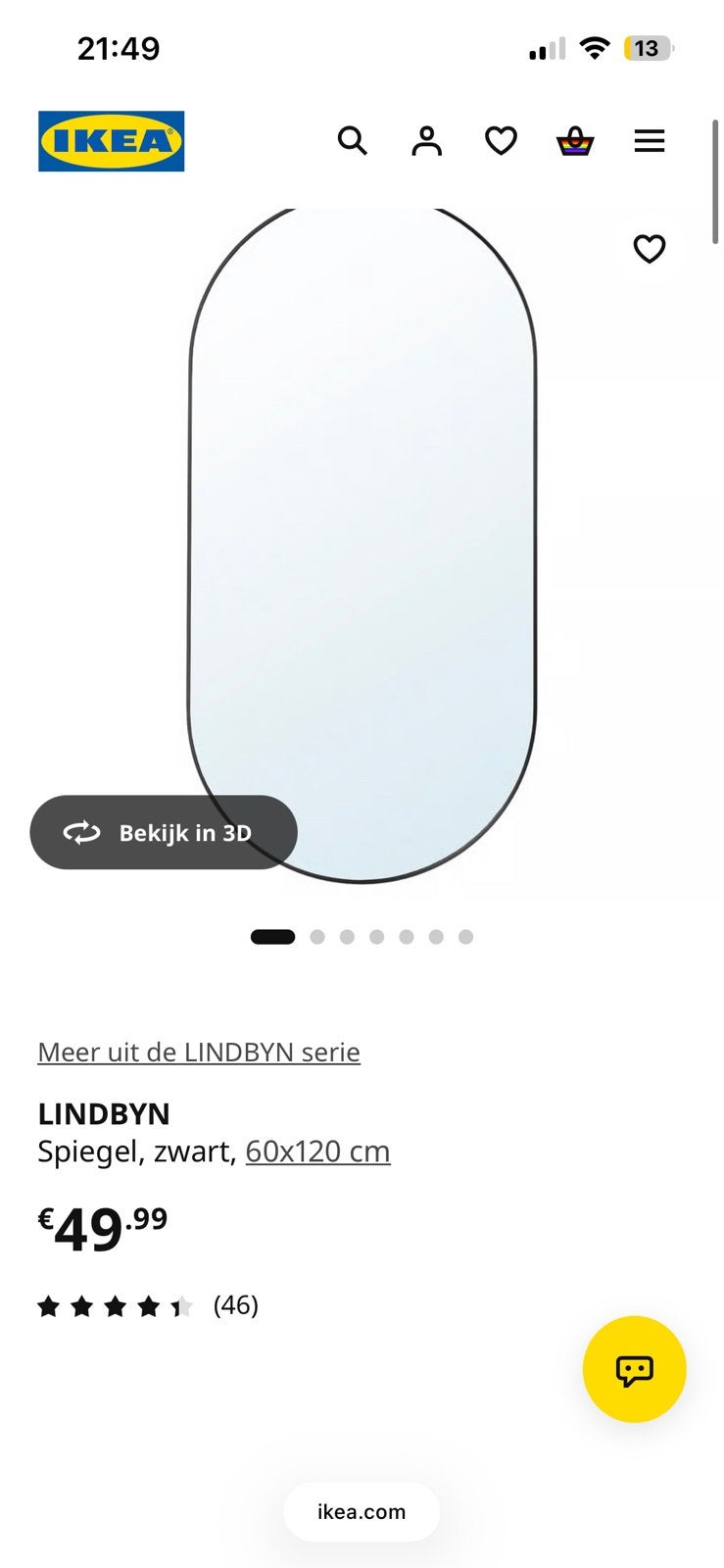 Grote IKEA LINDBYN spiegel zwart, Huis en Inrichting, Woonaccessoires | Spiegels, Ophalen, Zo goed als nieuw, Rechthoekig, Minder dan 100 cm