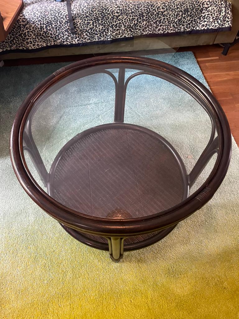 Vintage Rotan Salontafel - glasplaat, Ophalen, 50 tot 100 cm, 50 tot 75 cm, Rond