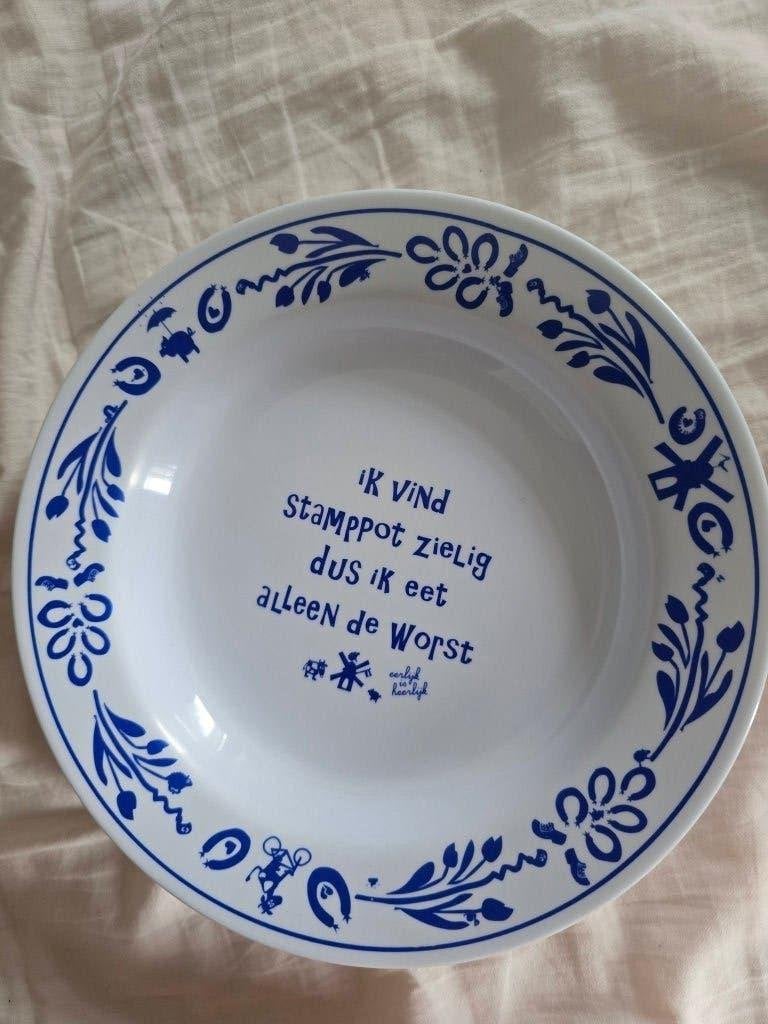 Delfts Blauw bord met grappige tekst, Ophalen of Verzenden, Steen/keramiek, Wit, Overige merken