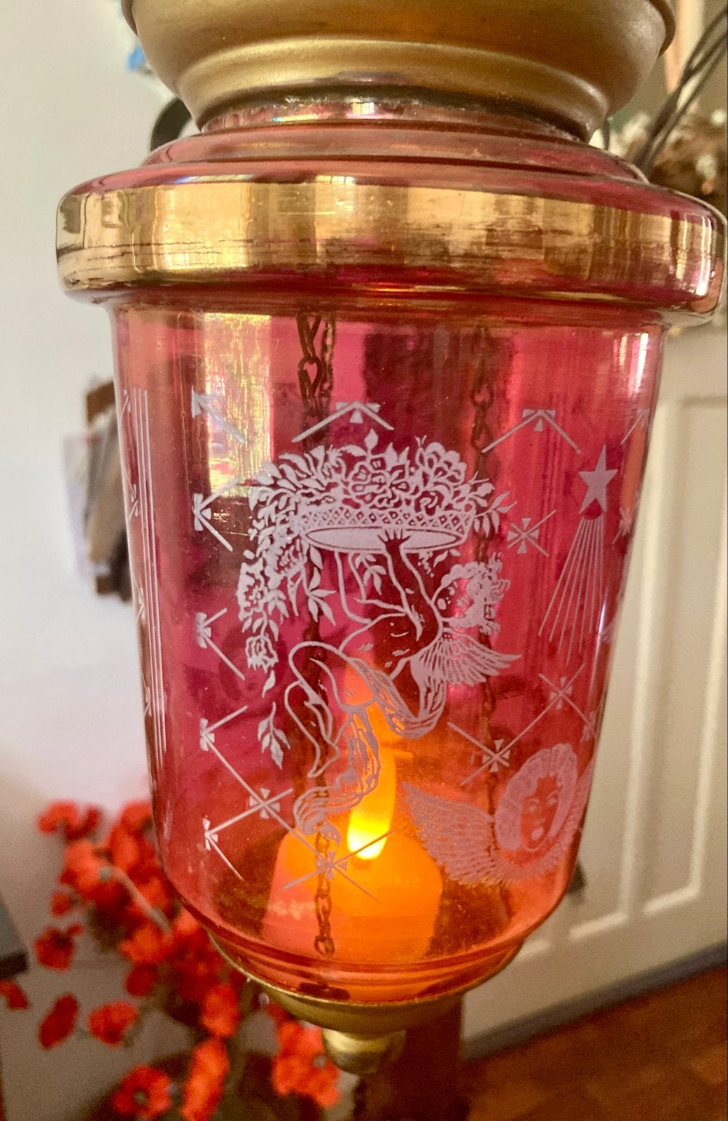 ‼️Antiek Godslampje Cranberry glas met gouden cherubijntjes, Ophalen of Verzenden