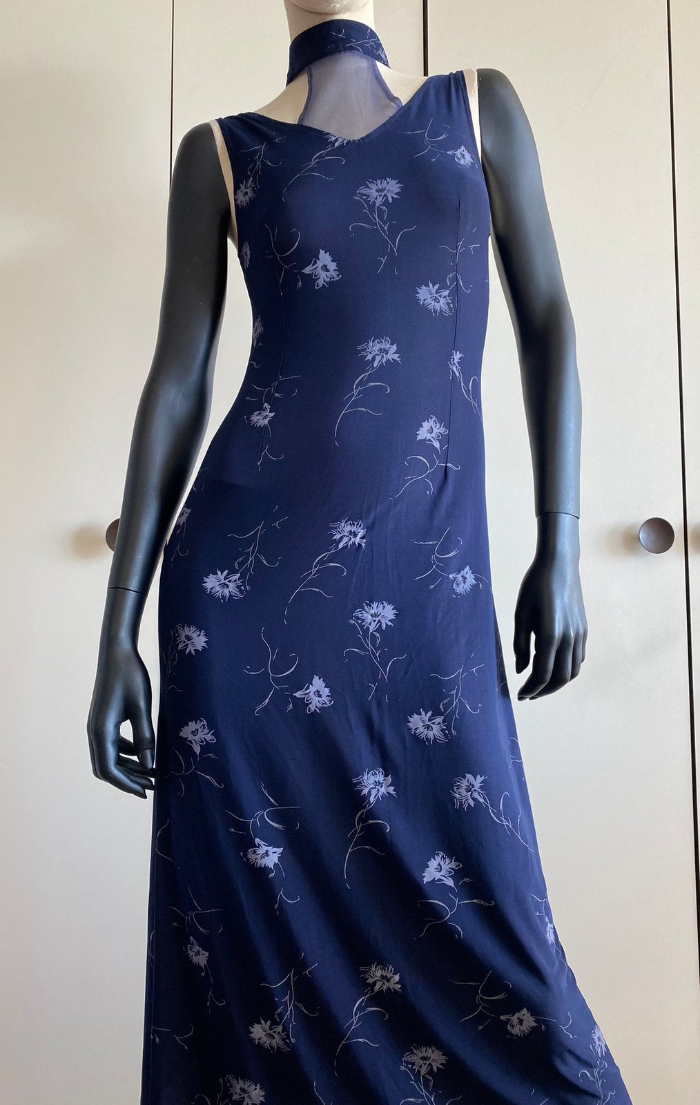 Donkerblauwe maxi jurk met bloemenprint en mesh detail m.S-M, Maat 38/40 (M), Blauw, Ophalen of Verzenden, Zo goed als nieuw