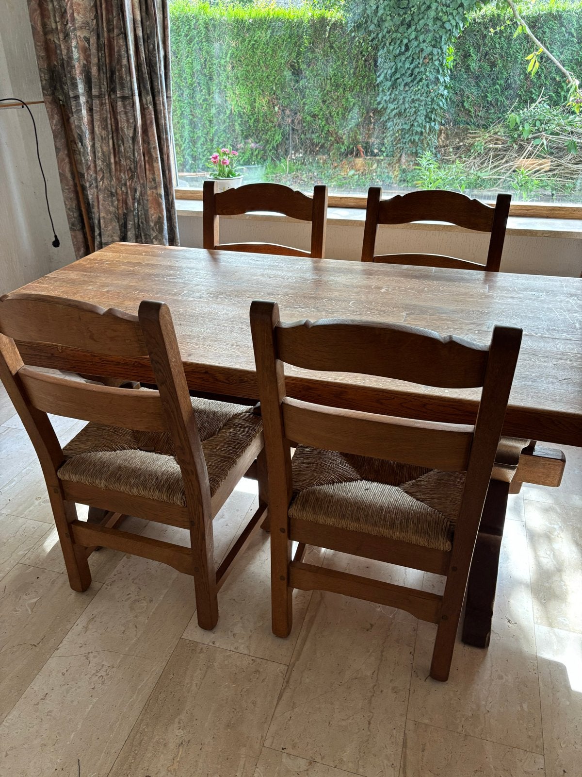 Zware eiken eettafel met stoelen 80x160 cm, Gebruikt, Eikenhout, 150 tot 200 cm, Vier personen