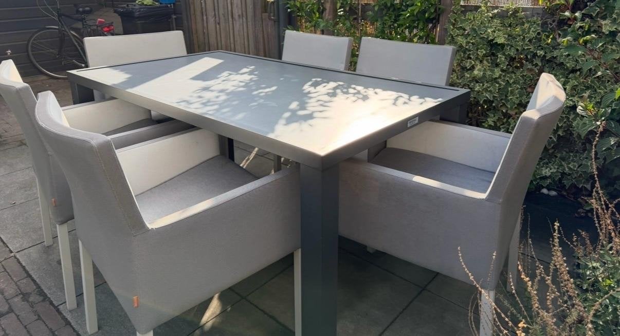 Madino tuintafel met Suns stoelen en afdekhoes, Tuin en Terras, Ophalen, Gebruikt, Rechthoekig, Aluminium