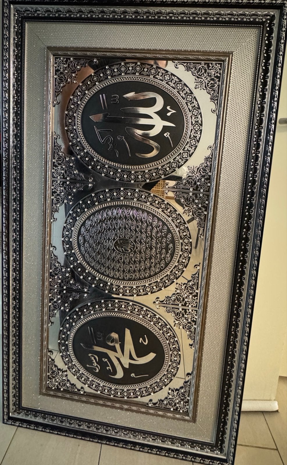 Islamitische spiegel kalligrafie zilver 80x135 cm, Huis en Inrichting, Woonaccessoires | Spiegels, Ophalen, 100 tot 150 cm, Zo goed als nieuw