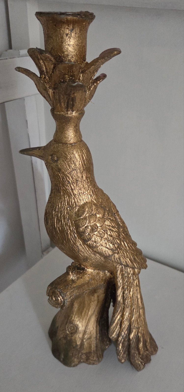 Aparte Brocante goudkleurige kandelaar met vogel, Ophalen of Verzenden
