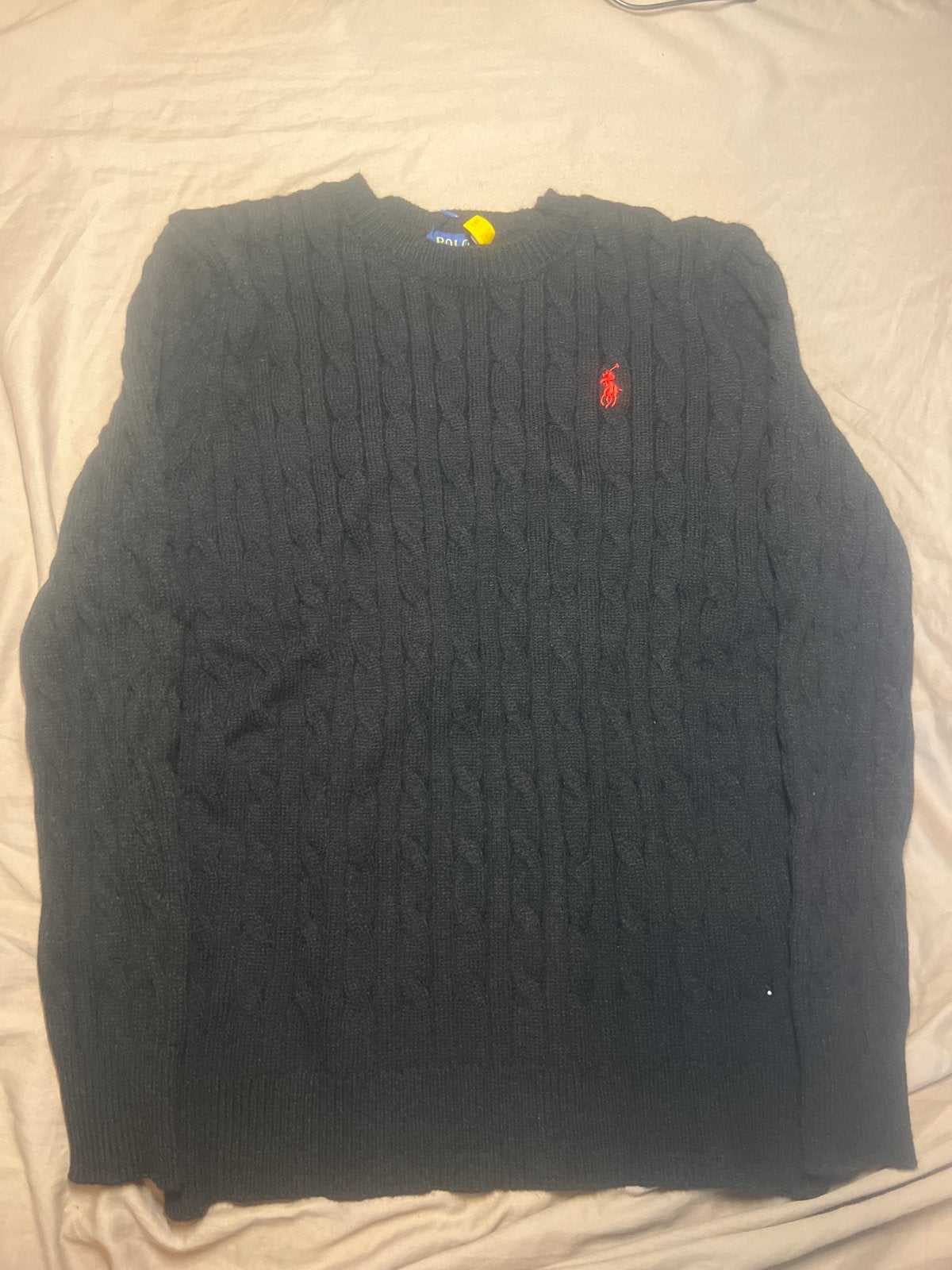 Polo Ralph Lauren Kabelgebreide Trui - Zwart met Rood Logo, Kleding | Heren, Ophalen of Verzenden, Nieuw, Maat 52/54 (L), Zwart