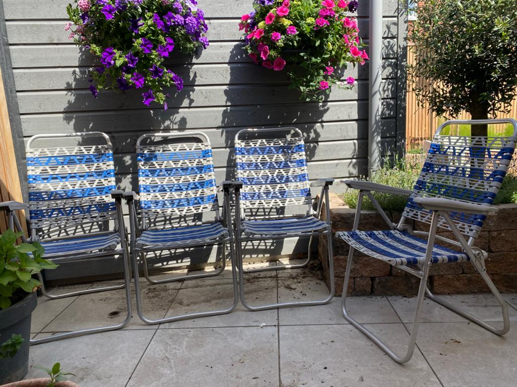 Verstelbare campingstoelen 4 stuks blauw/wit Dukdalf stoelen, Ophalen, Gebruikt, Aluminium, Inklapbaar