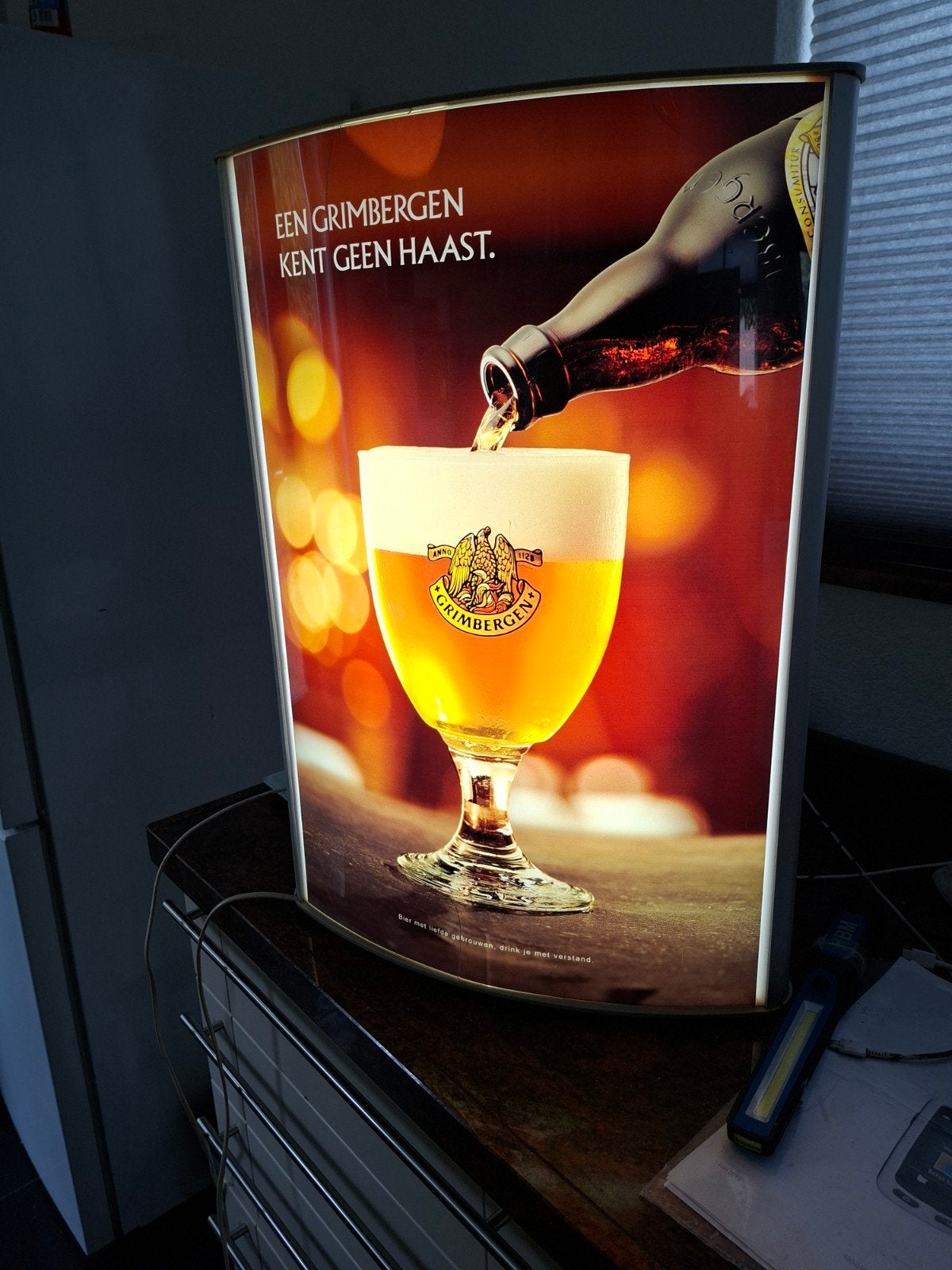Grimbergen Lichtbak - Reclamebord Bier, Verzamelen, Ophalen, Gebruikt, Lichtbak of (neon) lamp