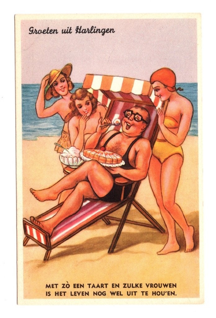 Oude Ansichtkaart Harlingen Strand Humor Taart, Ophalen of Verzenden, 1940 tot 1960, Ongelopen, Friesland