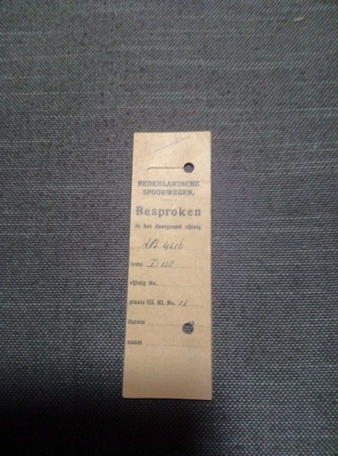 NS Besproken Treinkaartje - Historisch Spoorweg Item, Ophalen of Verzenden, Gebruikt, Trein, Kaart of Prent