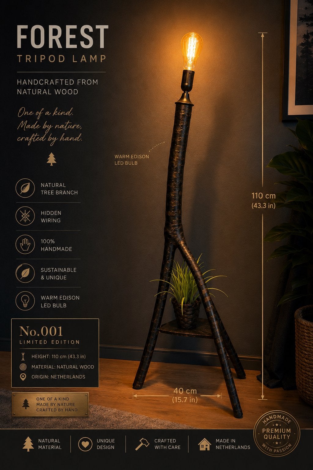 Unieke handgemaakte design vloerlamp 110 cm | No.001, Ophalen, Zo goed als nieuw