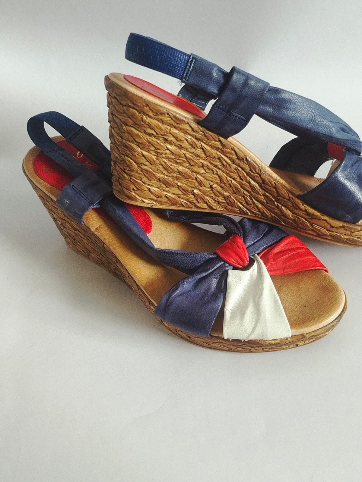 Handgemaakte vintage leren sandalen met sleehak, Blauw, Marila Colours, Gedragen, Sandalen of Muiltjes