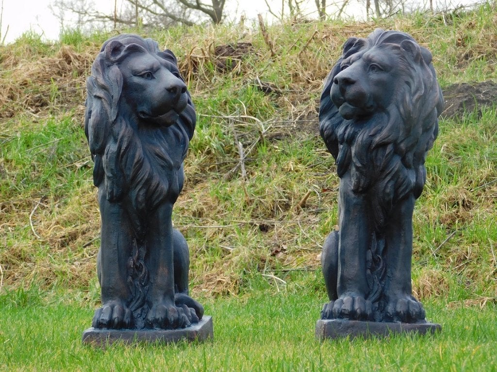 Set Leeuwen 75 cm - Links en Rechts - Polystone, Dierenbeeld, Kunststof, ., Ophalen of Verzenden