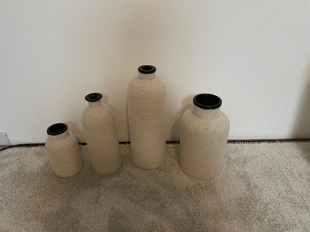 4x flessen omwikkeld met touw, Overige kleuren, Ophalen of Verzenden, Minder dan 50 cm, Glas