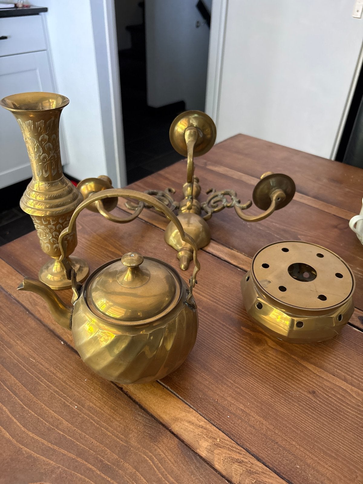 Messing theepot, vaas en kandelaar set, Antiek en Kunst, Antiek | Koper en Brons, Koper, Ophalen of Verzenden
