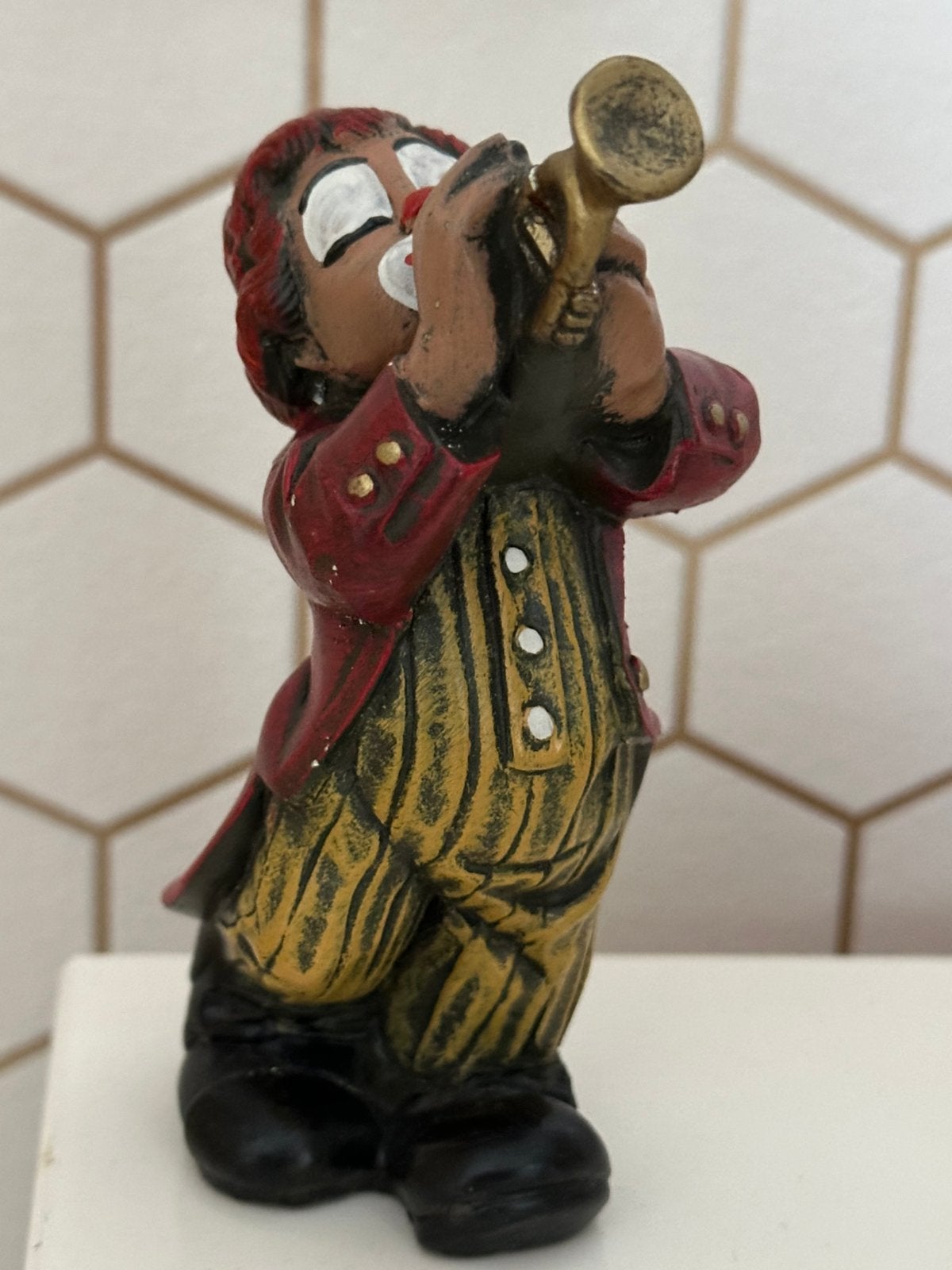 Vintage Beeldje Clown met Trompet / Muzikant (Polyresin), Ophalen, Zo goed als nieuw