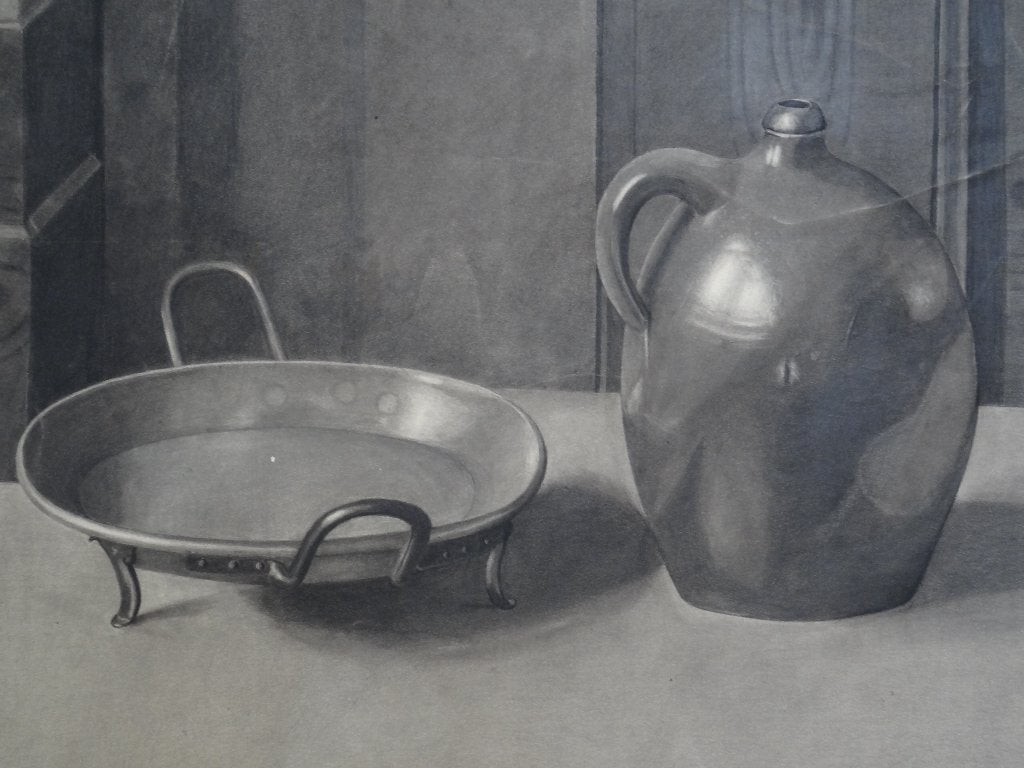 potloodtekening stilleven kruik en schaal, J. Lipjes, 1915, Verzenden, Tekening, Houtskooltekening, Origineel
