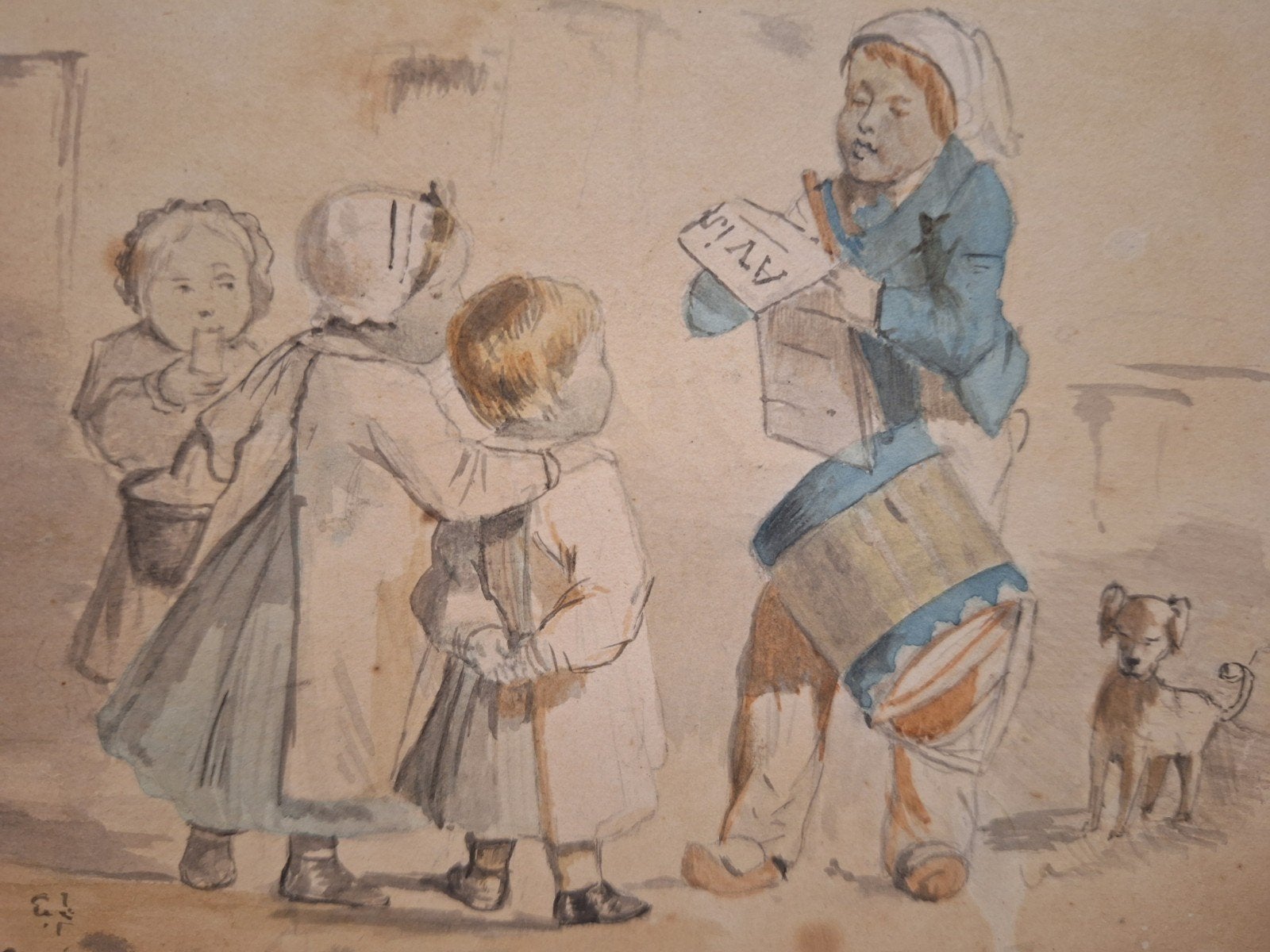 Aquarel van August Allebé - Trommelaar (1895), Ophalen of Verzenden, Tekening, Aquarel, Origineel