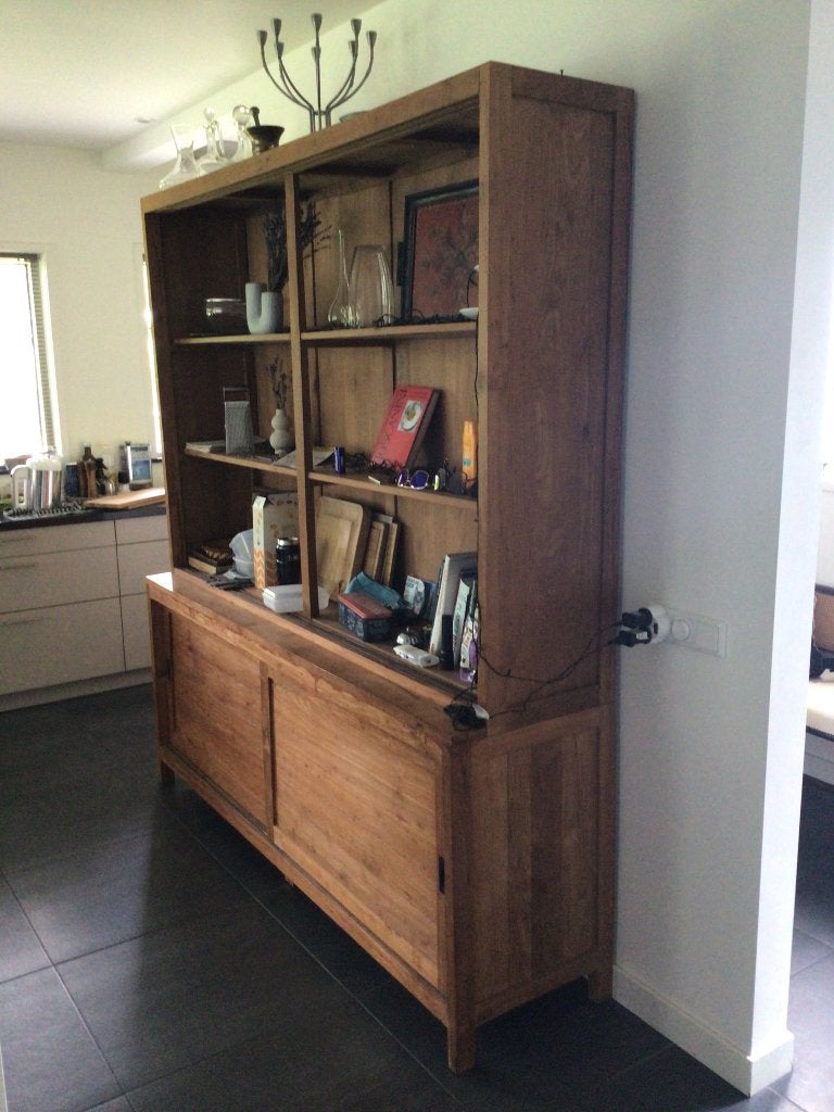 Buffetkast massief teak met schuifdeuren, Ophalen, 200 cm of meer, 150 tot 200 cm, 25 tot 50 cm