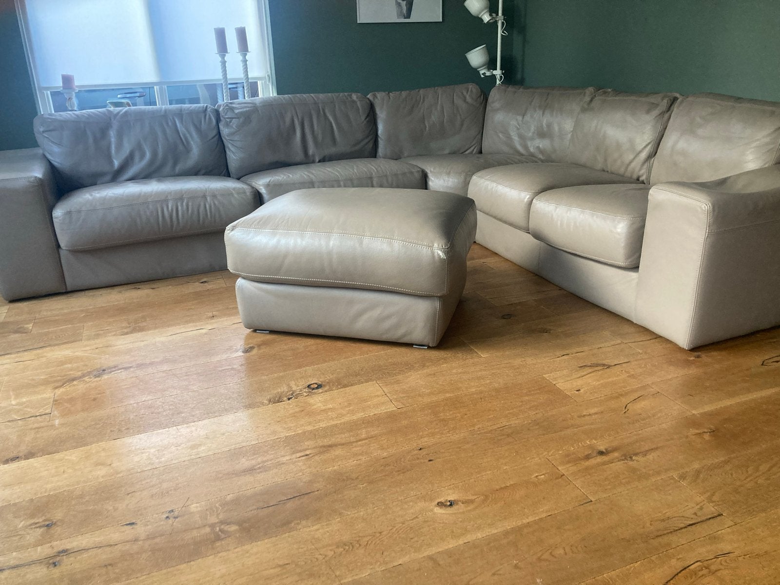 Leren hoekbank met poef - Comfortabel en ruim, Huis en Inrichting, Ophalen, Gebruikt, Hoekbank, 300 cm of meer