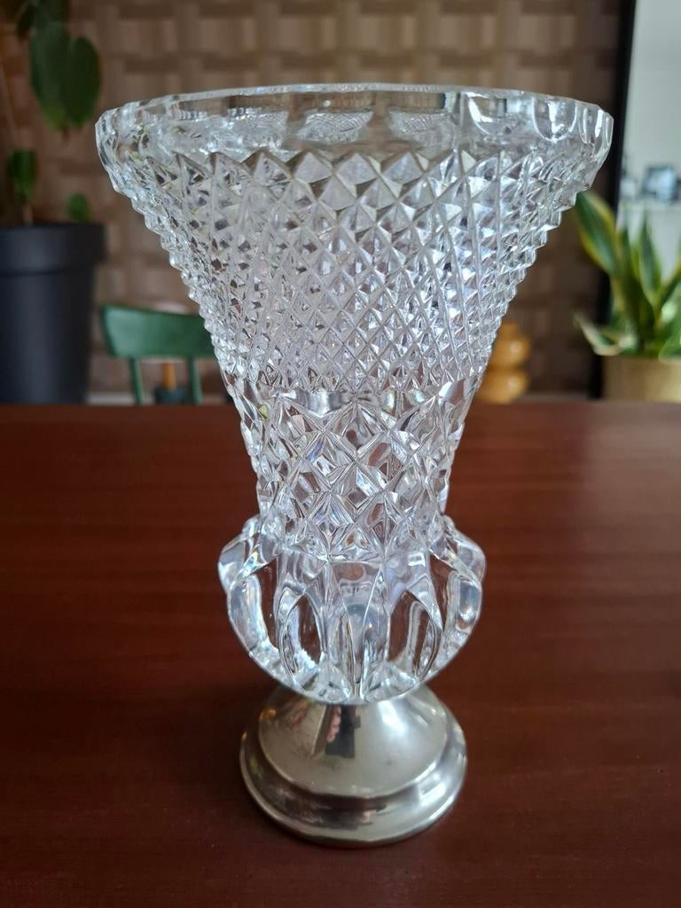 Vintage Kristallen vaas met zilverenkleurige voet, Ophalen of Verzenden
