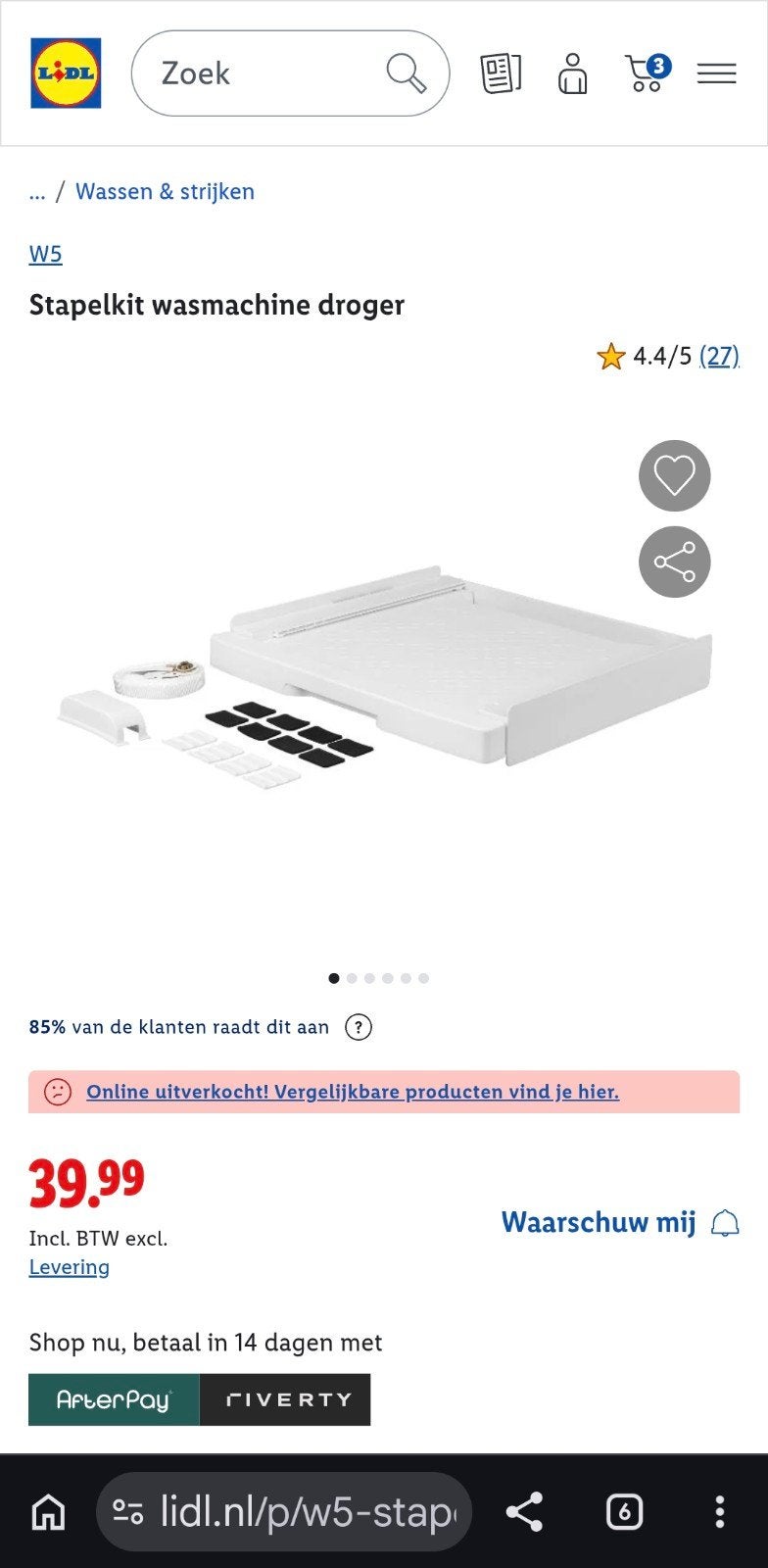 Stapelkit wasmachine droger, Ophalen