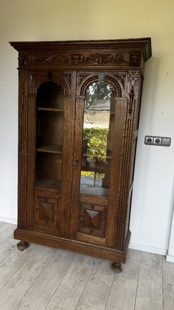 Antieke massief eikenhouten boekenkast met glazen deuren., Huis en Inrichting, Kasten | Boekenkasten, Ophalen, Glas, 100 tot 150 cm