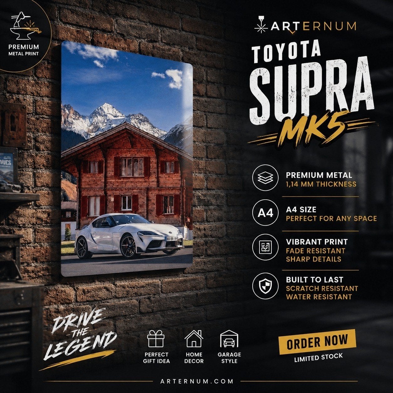 Toyota Supra MK5 Metalen Print A4 - Alpine Drive, Minder dan 50 cm, Oorspronkelijke maker, Nieuw, Ophalen of Verzenden