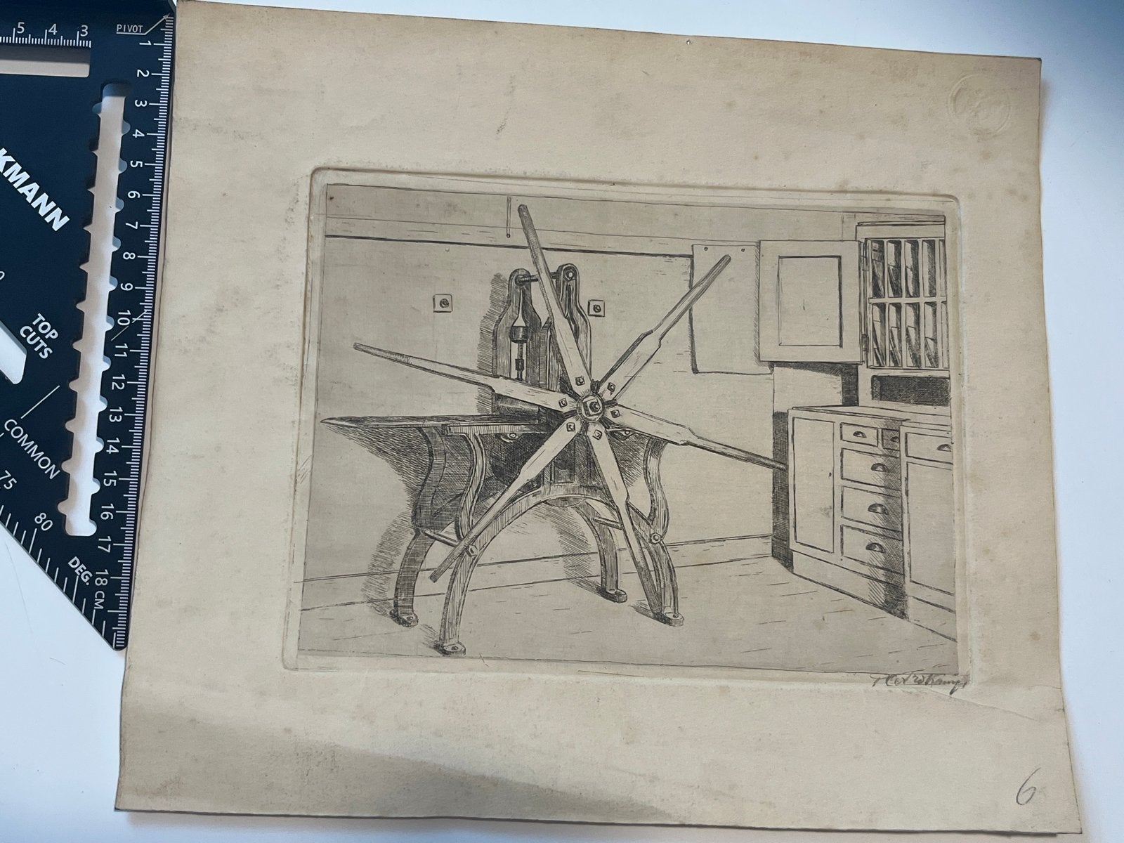 Originele ets Etsspers Atelier - Piet van der Kamp (1930), Dagelijks leven, Ets, Ophalen of Verzenden, Gesigneerd