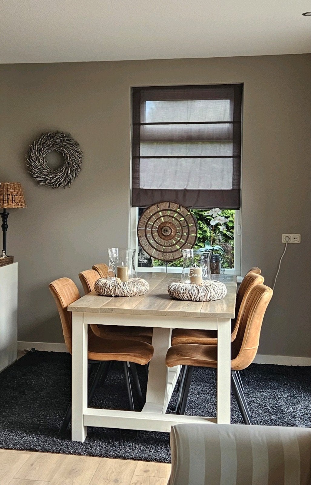 Robuuste houten eettafel steigerhout met wit onderstel, Ophalen, Gebruikt, 50 tot 100 cm, Vijf personen of meer
