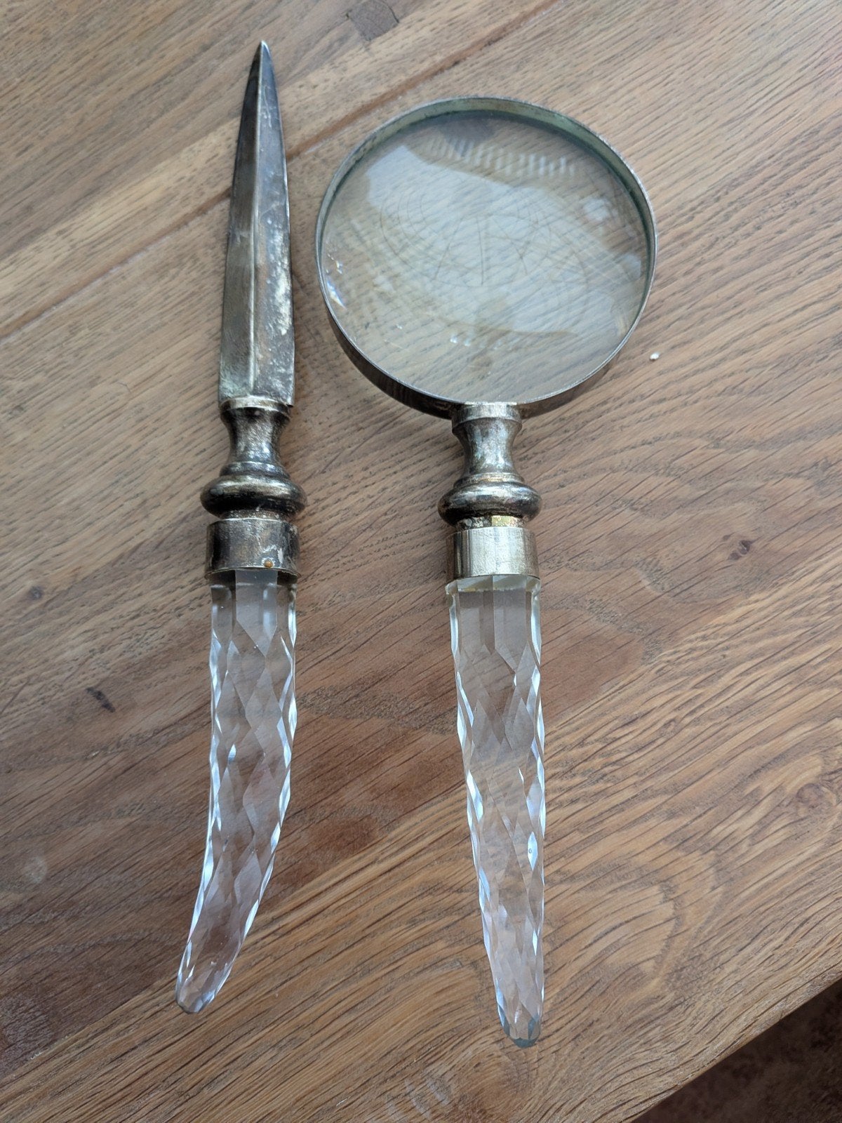 Antieke vergrootglas en briefopener set met kristal, Ophalen