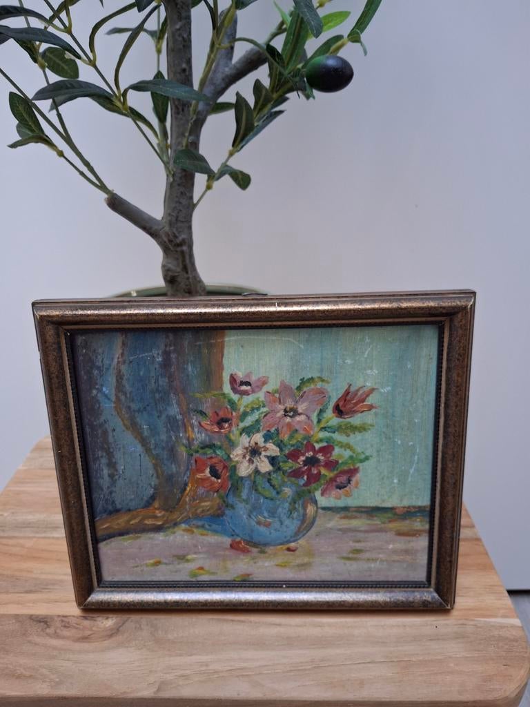 Antiek olieverf schilderijtje Vintage Bloemen Stilleven, Ophalen of Verzenden