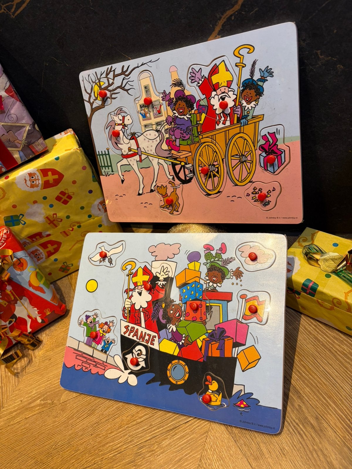 2 sinterklaas zwarte piet houten puzzel cadeau nieuw vintage, Ophalen of Verzenden, Nieuw