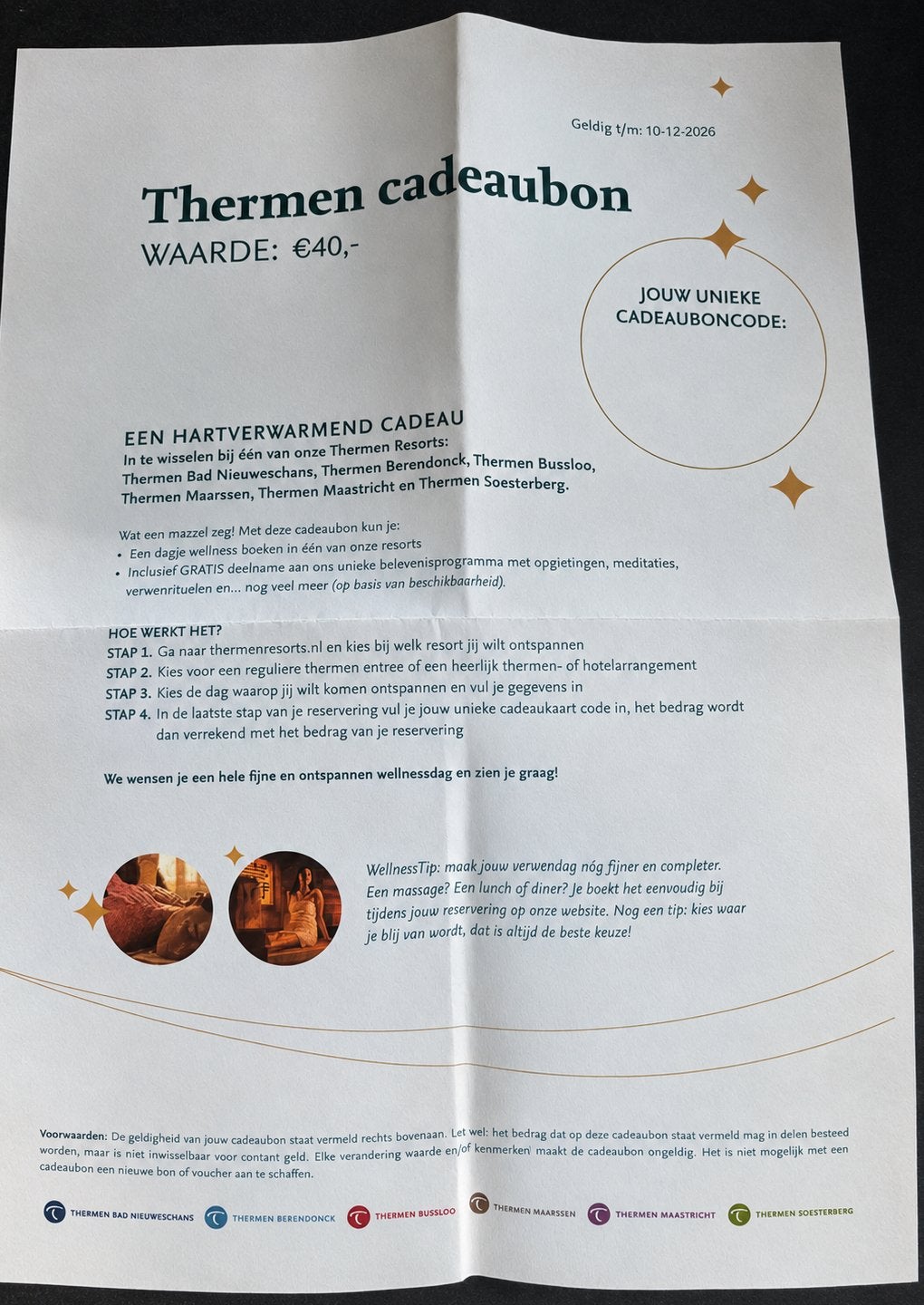 Thermen cadeaubon t.w.v. €40 nu voor €35, Tickets en Kaartjes, Twee personen, Cadeaubon, Spa of Sauna
