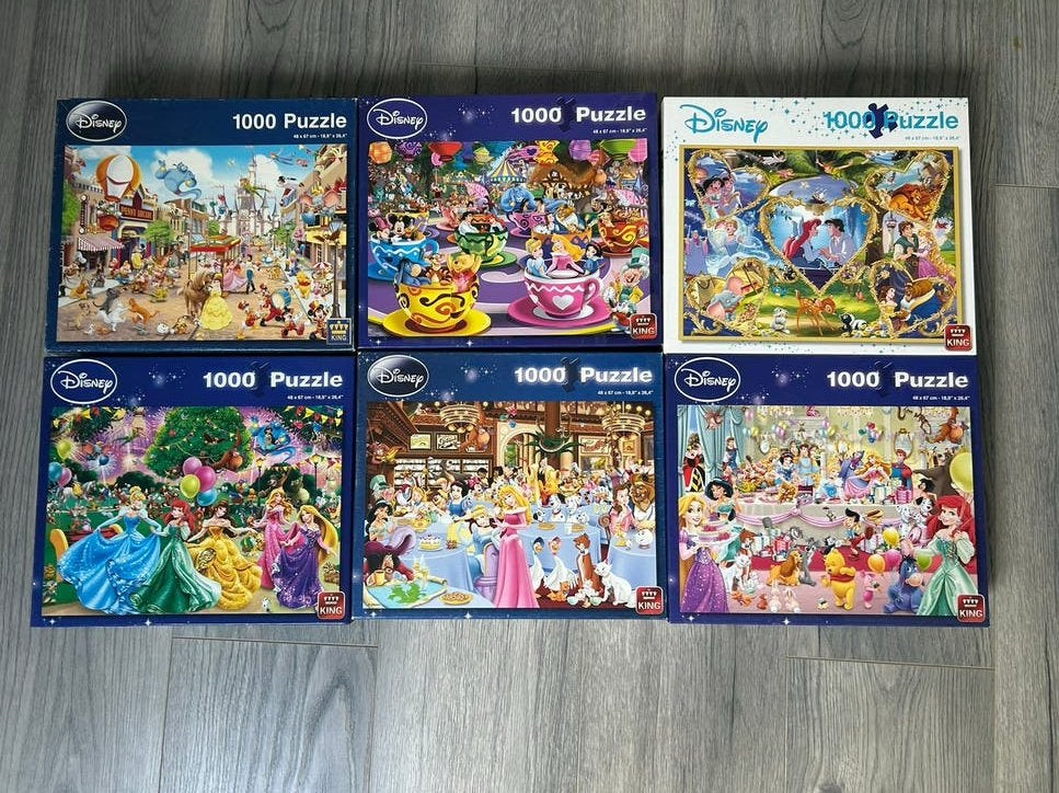 6 disney puzzels van 1000 stukjes, Ophalen of Verzenden, 500 t/m 1500 stukjes, Zo goed als nieuw, Legpuzzel